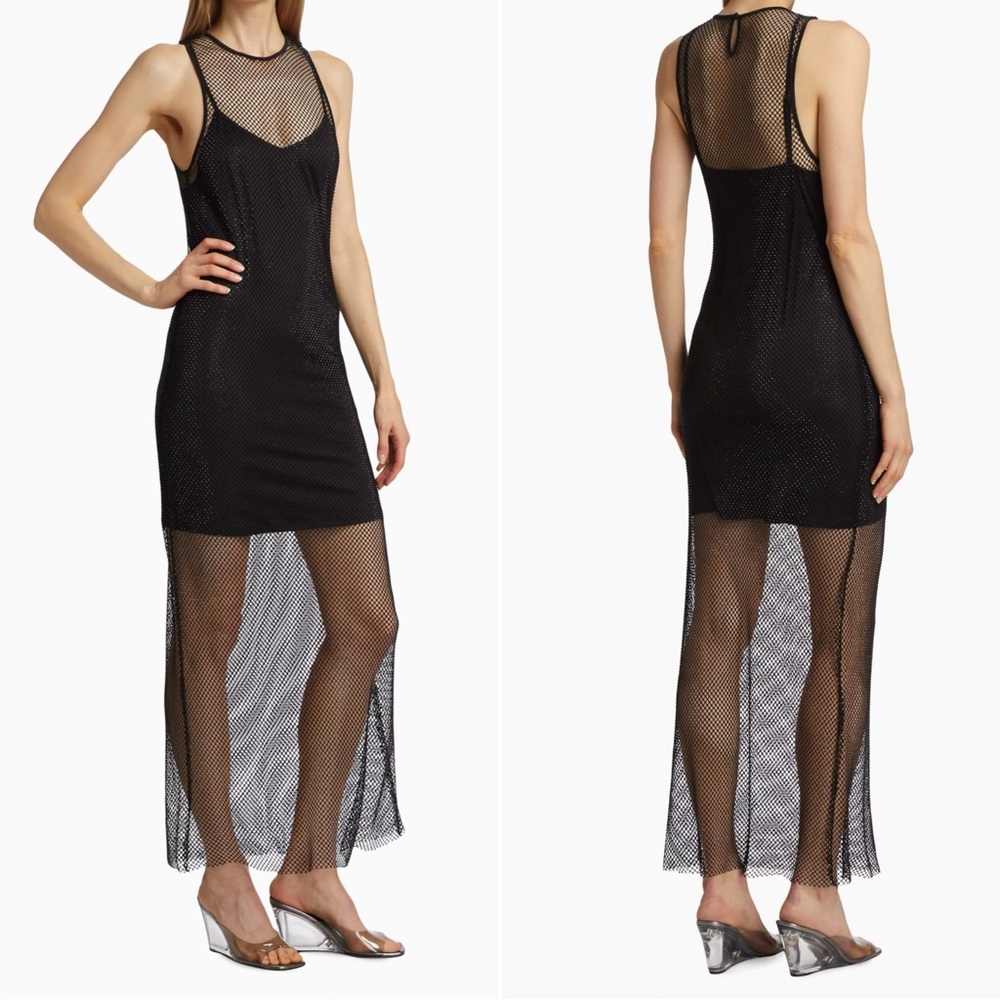 WAYF Sleeveless Black Mika Crystal Mesh Maxi Dress | Medium